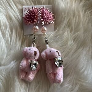 Betsey Johnson Pink Plush Teddy Drop Earrings with Crystal Heart
